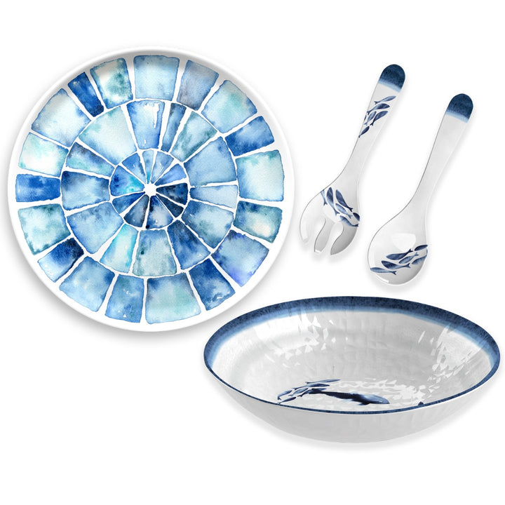 Coastal Melamine Platter, Salad Bowl & Servers Set