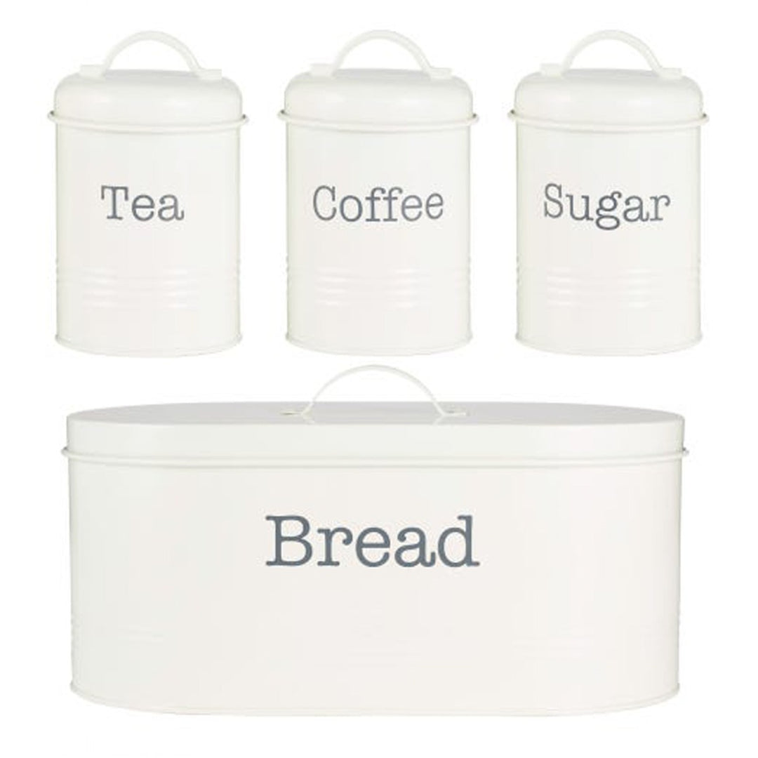 Cream coloured metal tea, coffee, sugar and bread bin kitchen storage