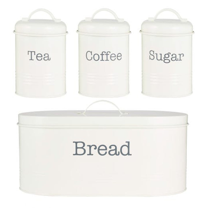 Cream coloured metal tea, coffee, sugar and bread bin kitchen storage