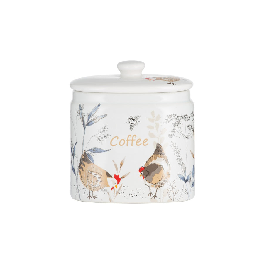 Coffee storage jar with hen and bee print