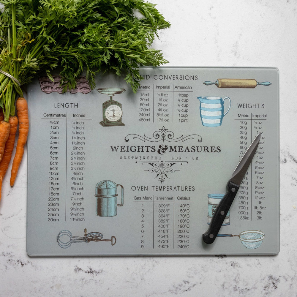  temperature and weight conversions and kitchen-themed illustrations.