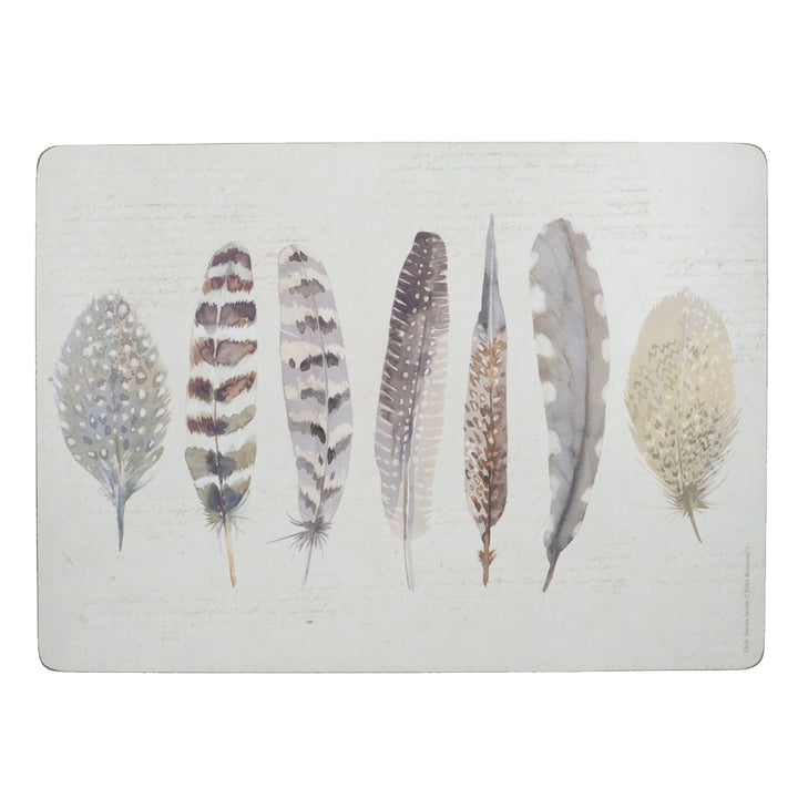 set of four large premium placemats with a pretty feather print, cork backed and heat resistant
