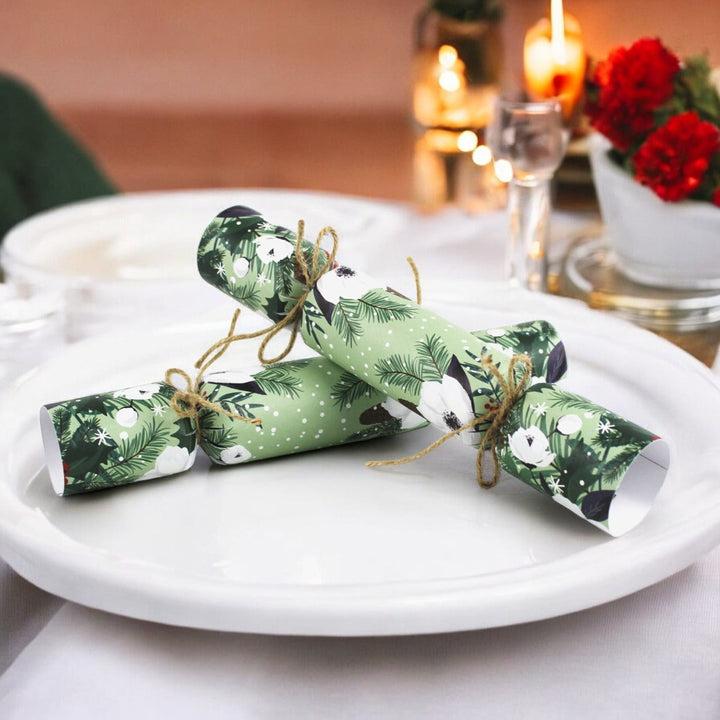 Easy Eco Recycled Paper Green Winter Flowers Christmas Crackers - Set of 6