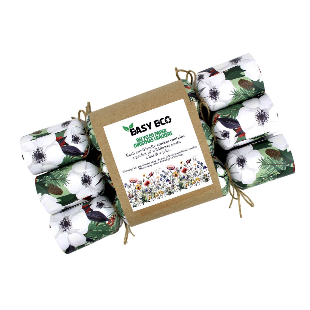 Easy Eco Recycled Paper Green Winter Flowers Christmas Crackers - Set of 6