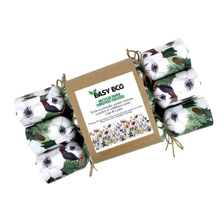 Easy Eco Recycled Paper Green Winter Flowers Christmas Crackers - Set of 6