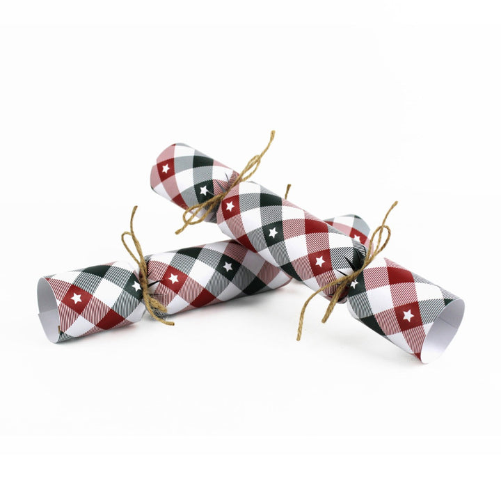 Easy Eco Recycled Paper Checked Tartan Stars Christmas Crackers - Set of 6