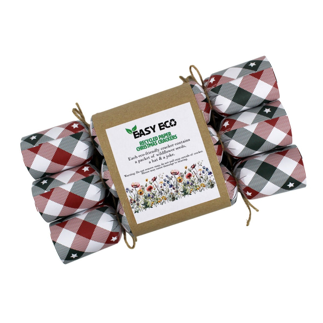 Easy Eco Recycled Paper Checked Tartan Stars Christmas Crackers - Set of 6