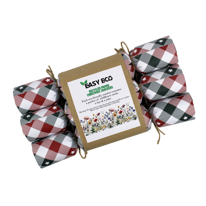 Easy Eco Recycled Paper Checked Tartan Stars Christmas Crackers - Set of 6