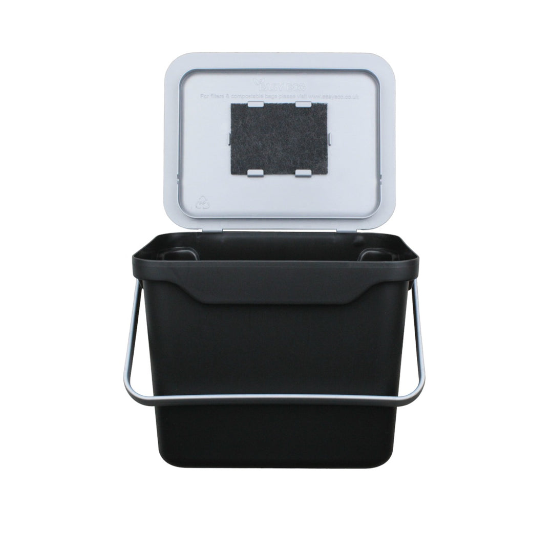 Black plastic box with silver lid and handle. Storage box for cleaning essentials or children's toys.