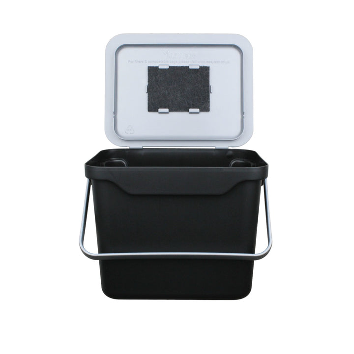 Black plastic box with silver lid and handle. Storage box for cleaning essentials or children's toys.