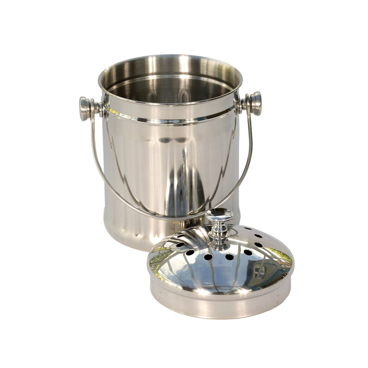polished steel caddy with handles and filtered lid