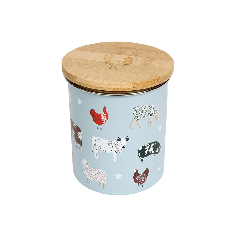 Blue kitchen storage with farm animal multi print