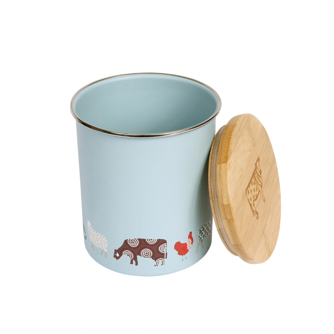 Etched bamboo lid of animal printed canister