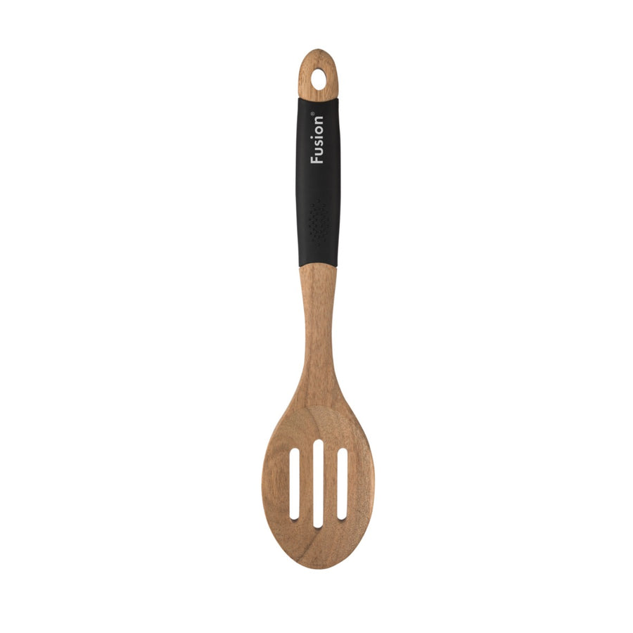 acacia wood and silicone slotted spoon for cooking