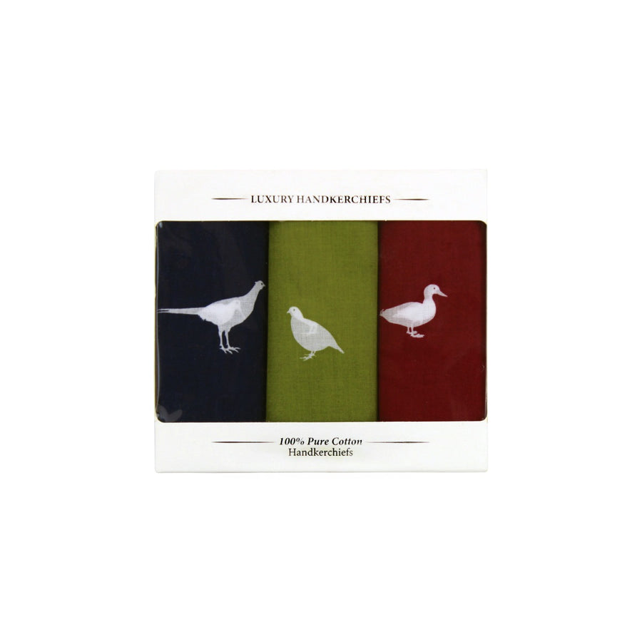 Pack of 3 cotton handkerchiefs featuring game bird deigns on different coloured linens - one wine red, one olive green and one navy blue.
