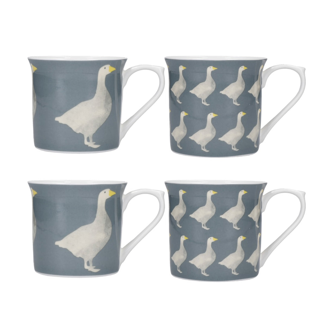 four pack of fluted porcelain mugs with goose design