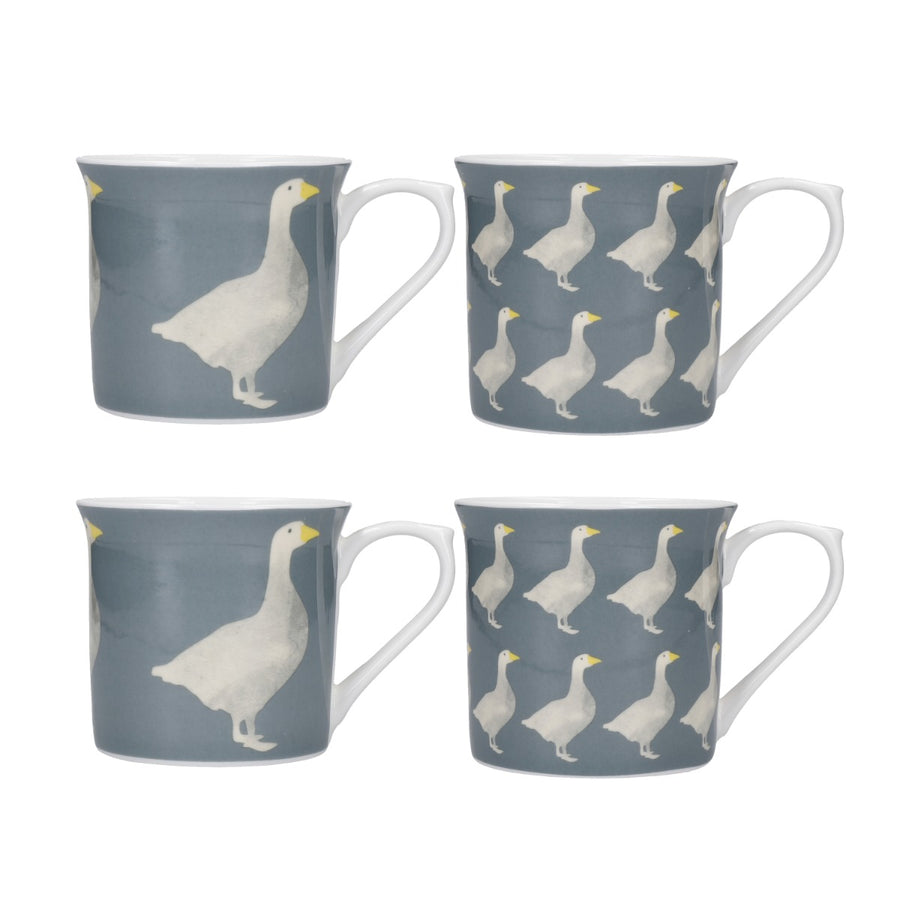 four pack of fluted porcelain mugs with goose design