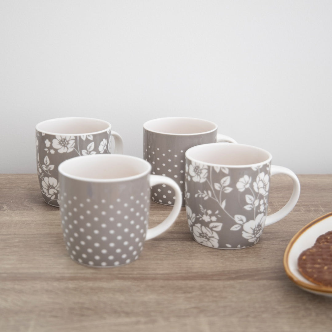 KitchenCraft Grey Floral & Polka Dot Barrel Mug Set