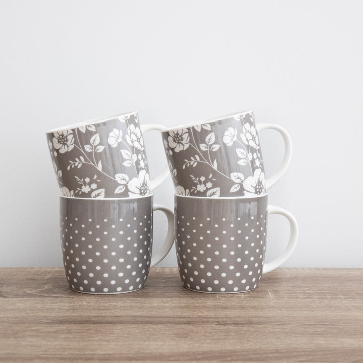 KitchenCraft Grey Floral & Polka Dot Barrel Mug Set