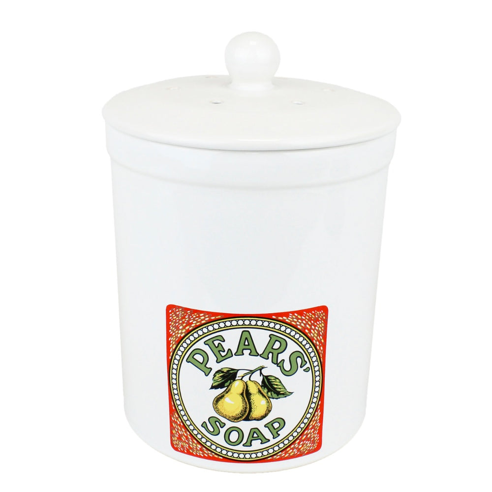 Pears soap print on a glazed white pot for food waste