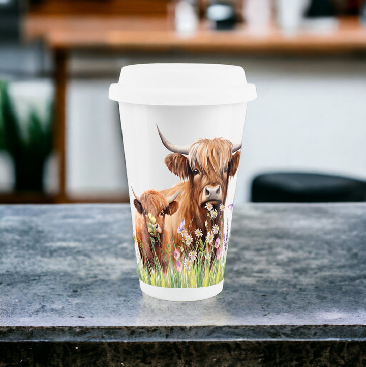 Purely Home Highland Cow & Calf Ceramic Travel Mug