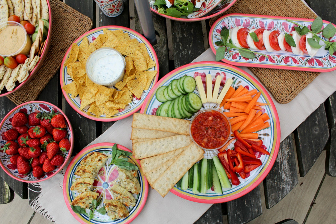 Mediterranean Melamine Tea Tray, Oval Bowl & Servers Set
