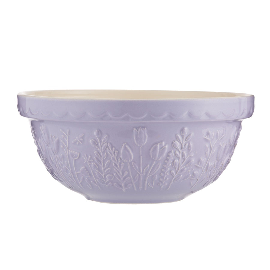 large stoneware mixing bowl in lilac purple with an embossed floral print