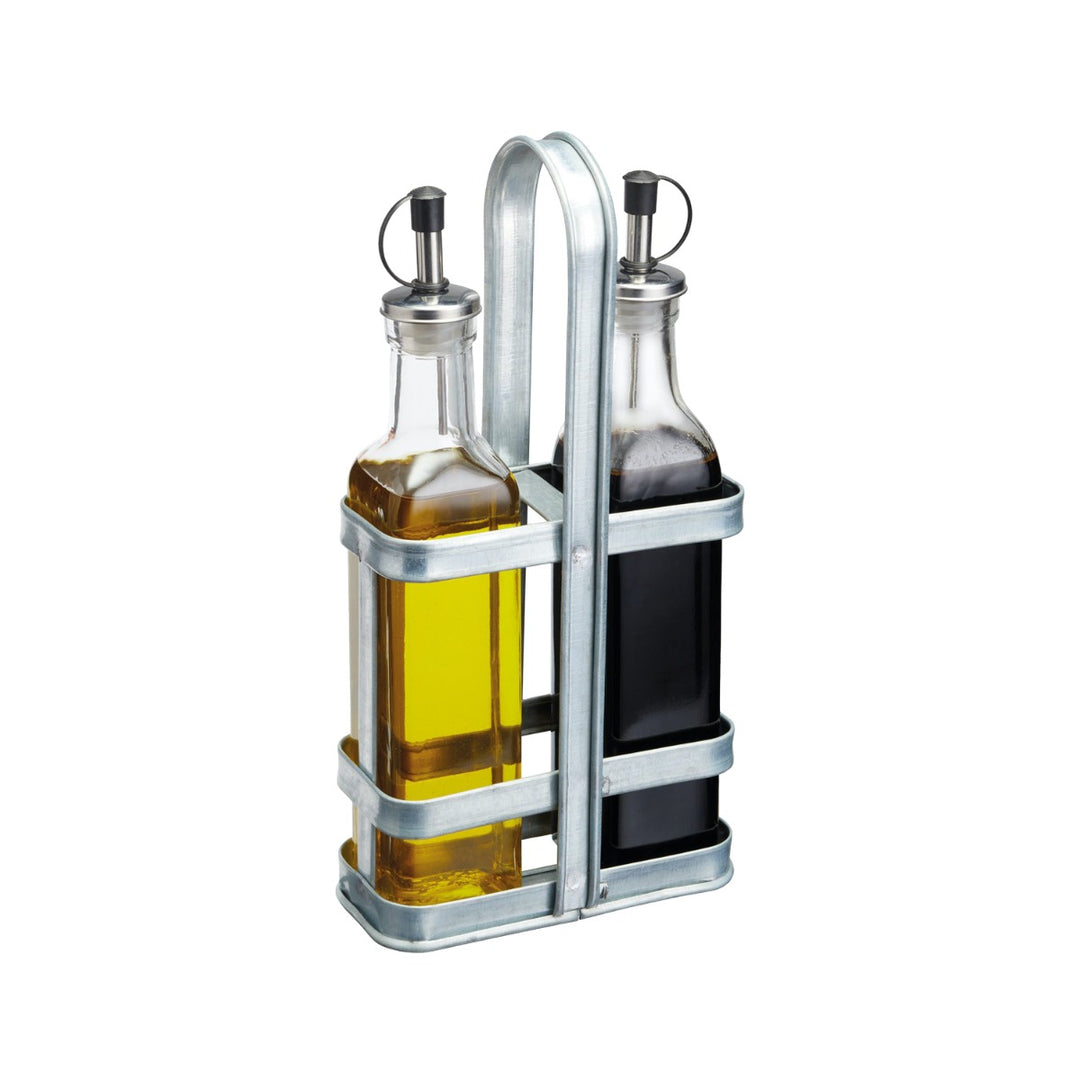 Industrial Kitchen Oil & Vinegar Cruet Set with Holder