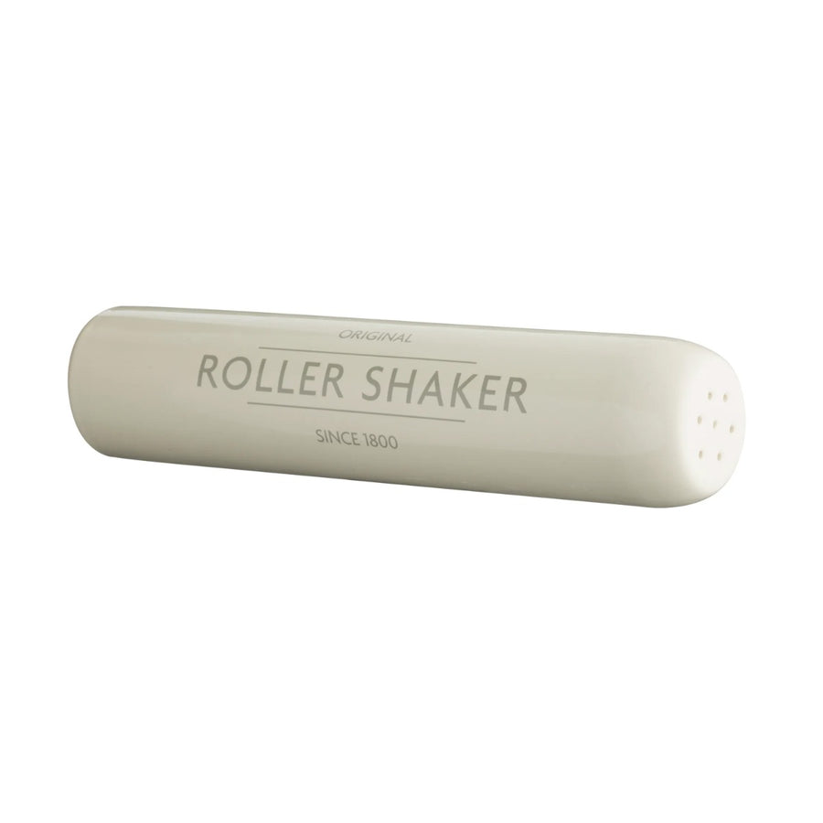 cream ceramic rolling pin with built in flour shaker