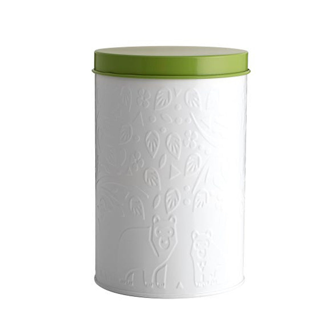 Embossed white metal storage jar with green lid