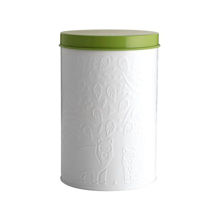 Embossed white metal storage jar with green lid