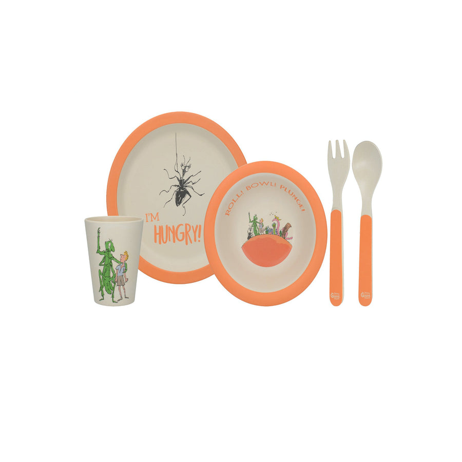 Eco-friendly kids bamboo crockery set with orange James and the Giant Peach illustrations and text