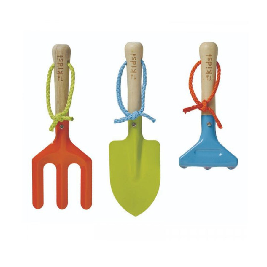 smart garden set of children's gardening tools, including a fork, trowel and rake in bright colours