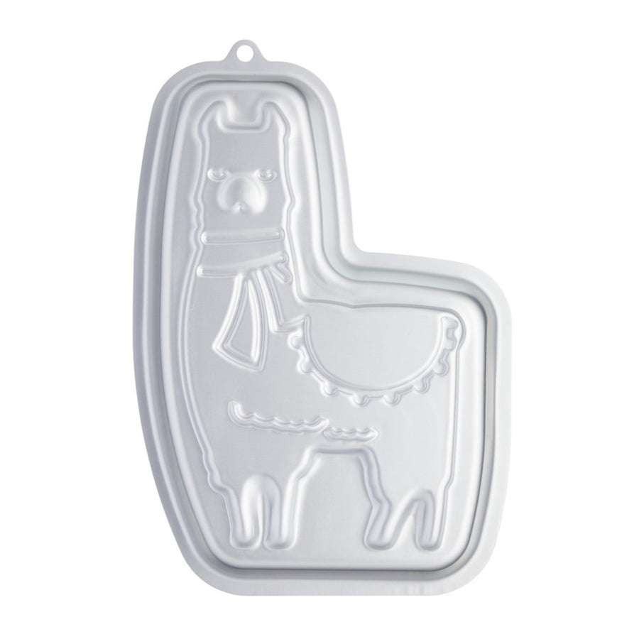 Fun llama shape baking pan for baking cakes, made from silver aluminium.