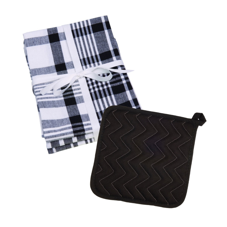 black checked tea towels and cotton pot grab set