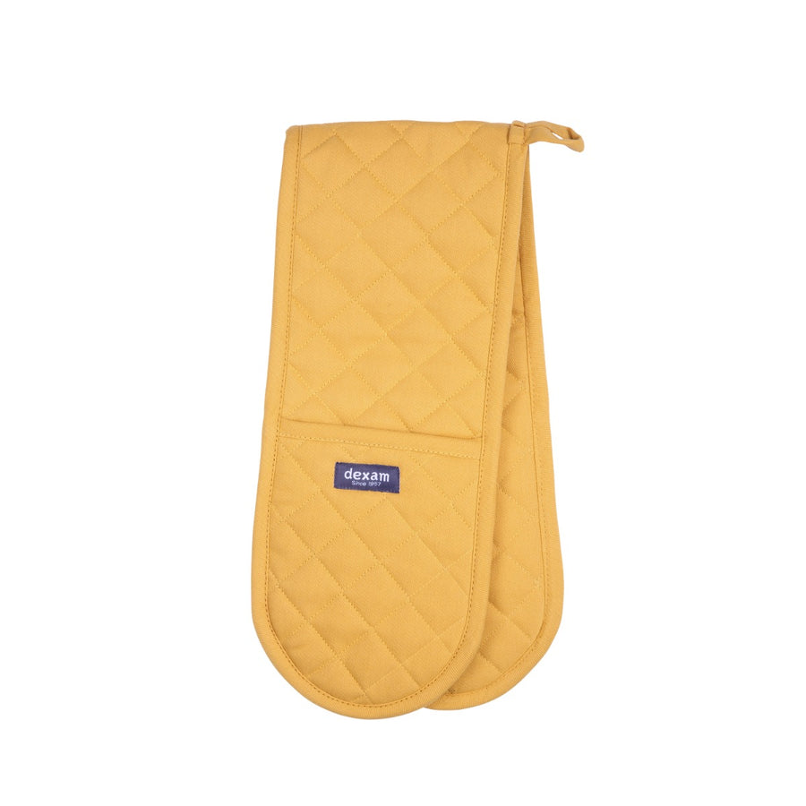 Yellow double oven glove folded in half, with a quilted stitching