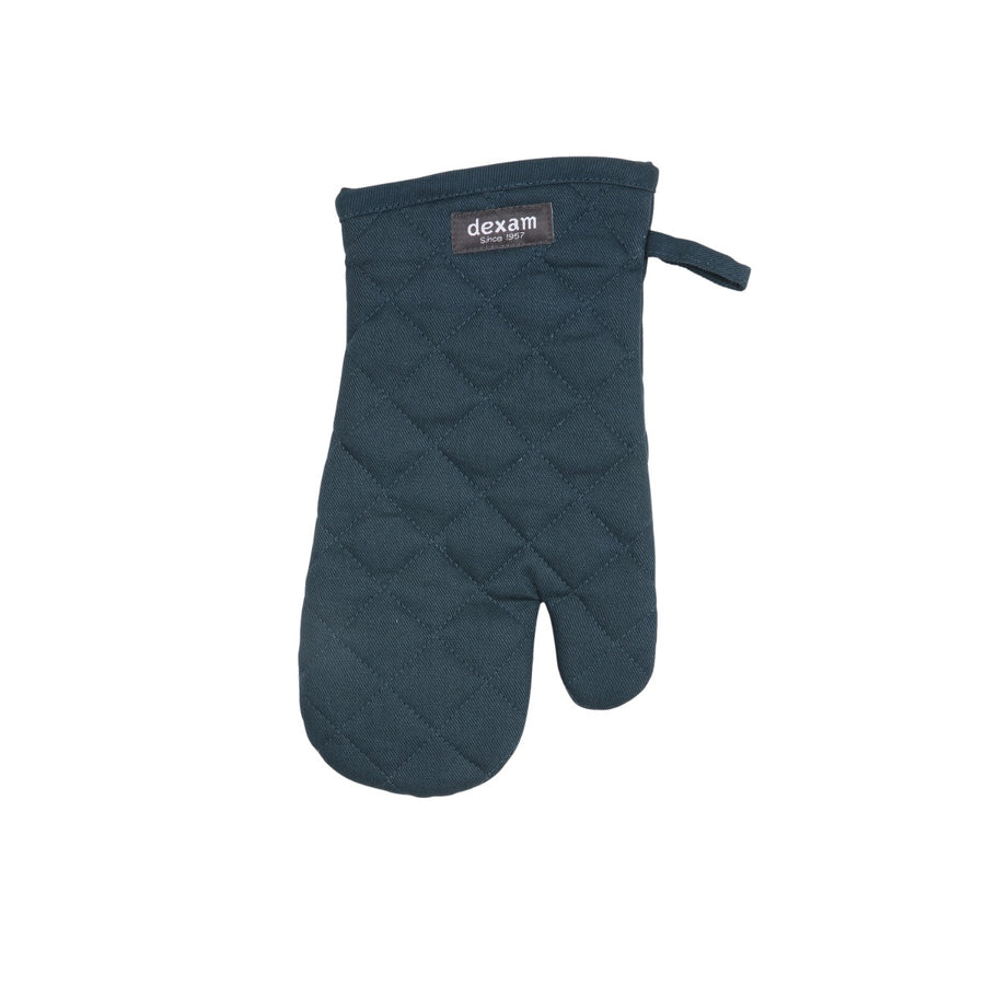 Dark blue gauntlet with quilted stitching.