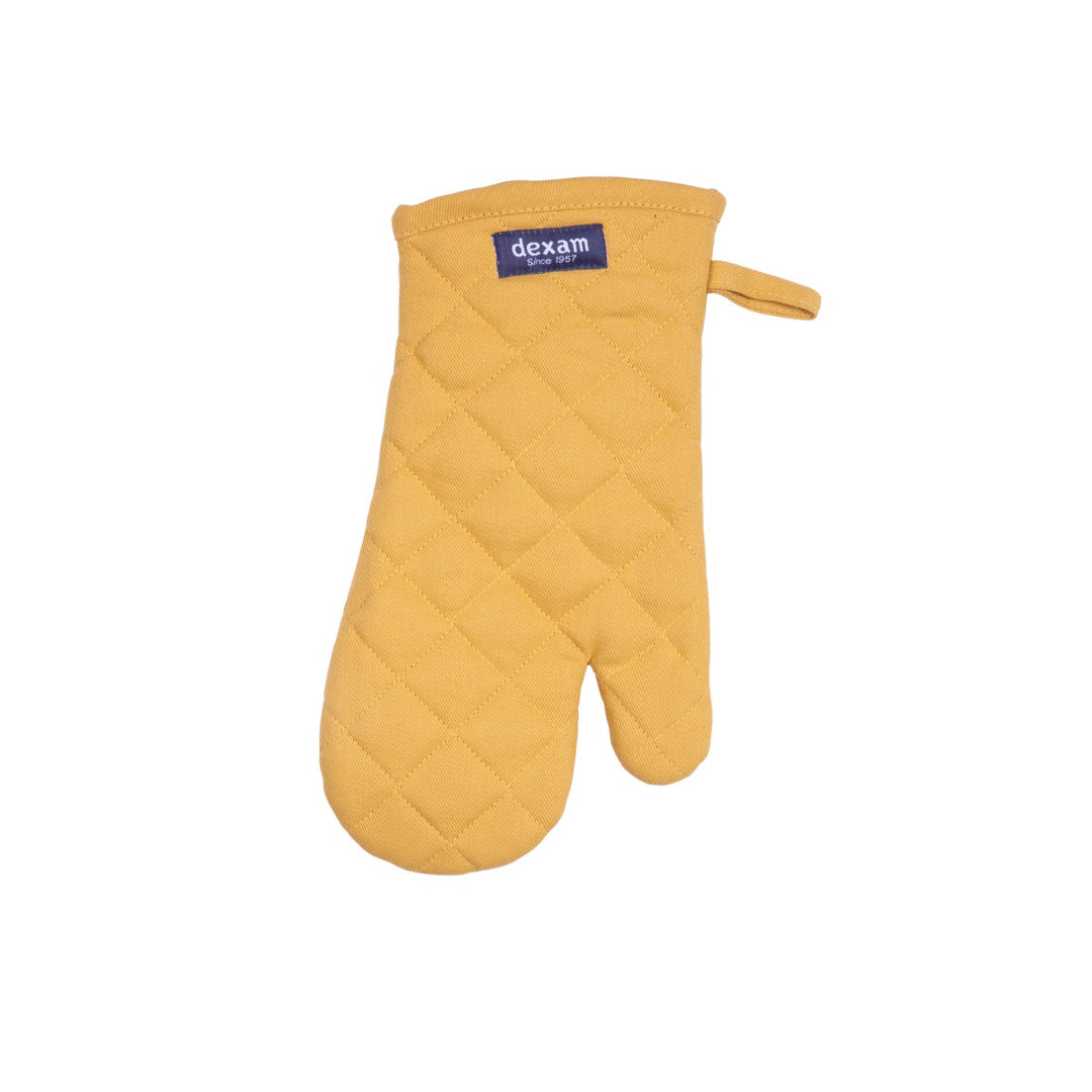 Yellow single oven gauntlet with quilted stitching. Includes built in hanging loop.