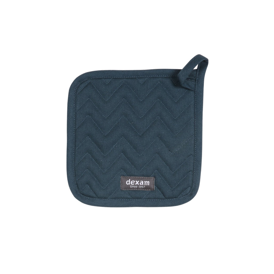 Dark blue pot grab with a zig-zag stitching. Used for protecting kitchen surfaces from hot pots and pans.