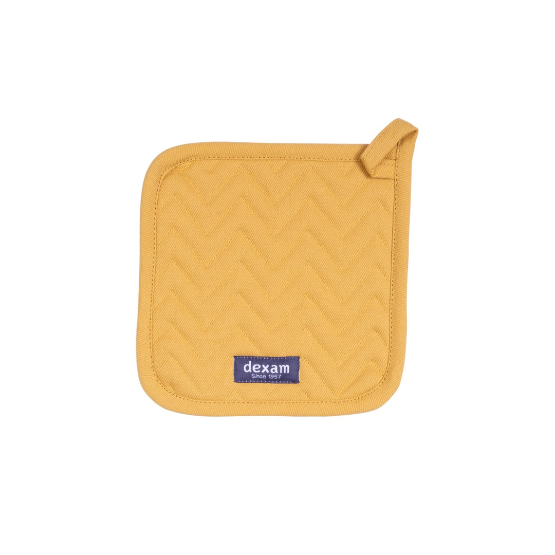 Yellow pot grab with zig-zag stitching. Used to protect kitchen surfaces from hot pots and pans. 