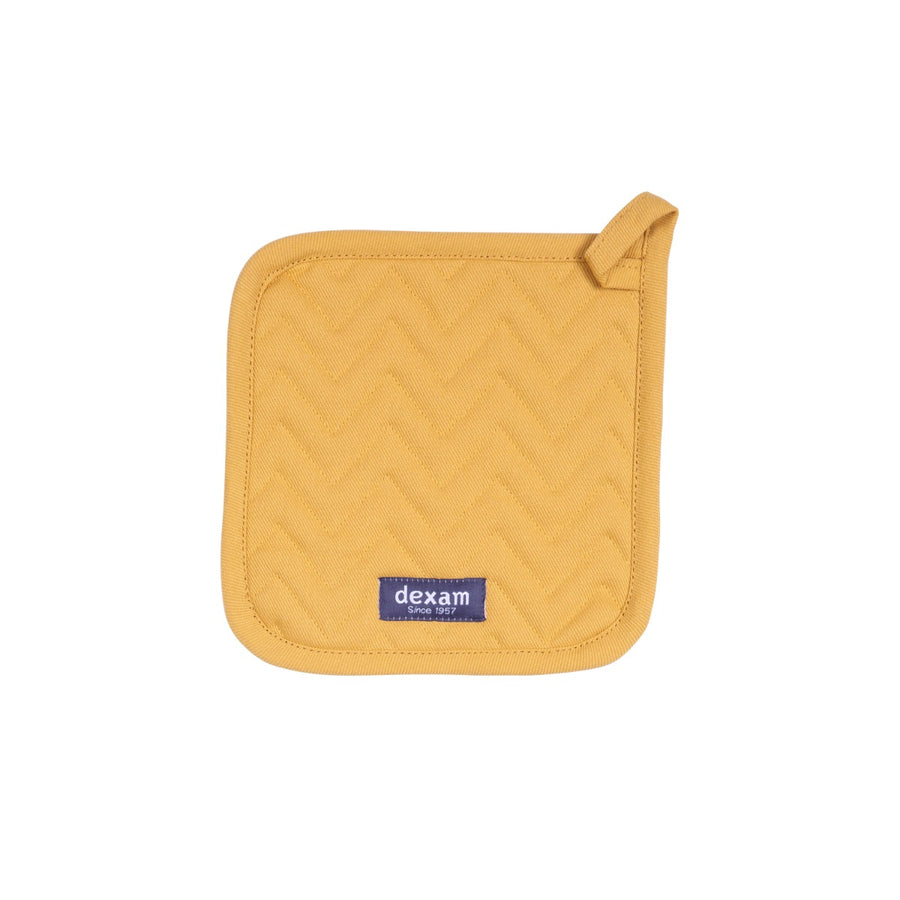 Yellow pot grab with zig-zag stitching. Used to protect kitchen surfaces from hot pots and pans. 