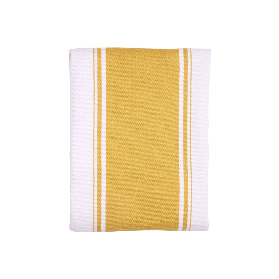 Folded white tea towel with yellow stripe through the middle