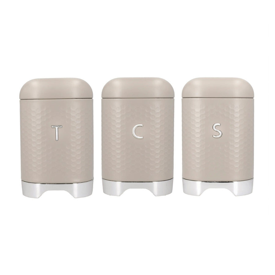 Beige coloured tea, coffee & sugar canisters with a bubble wrap like texture