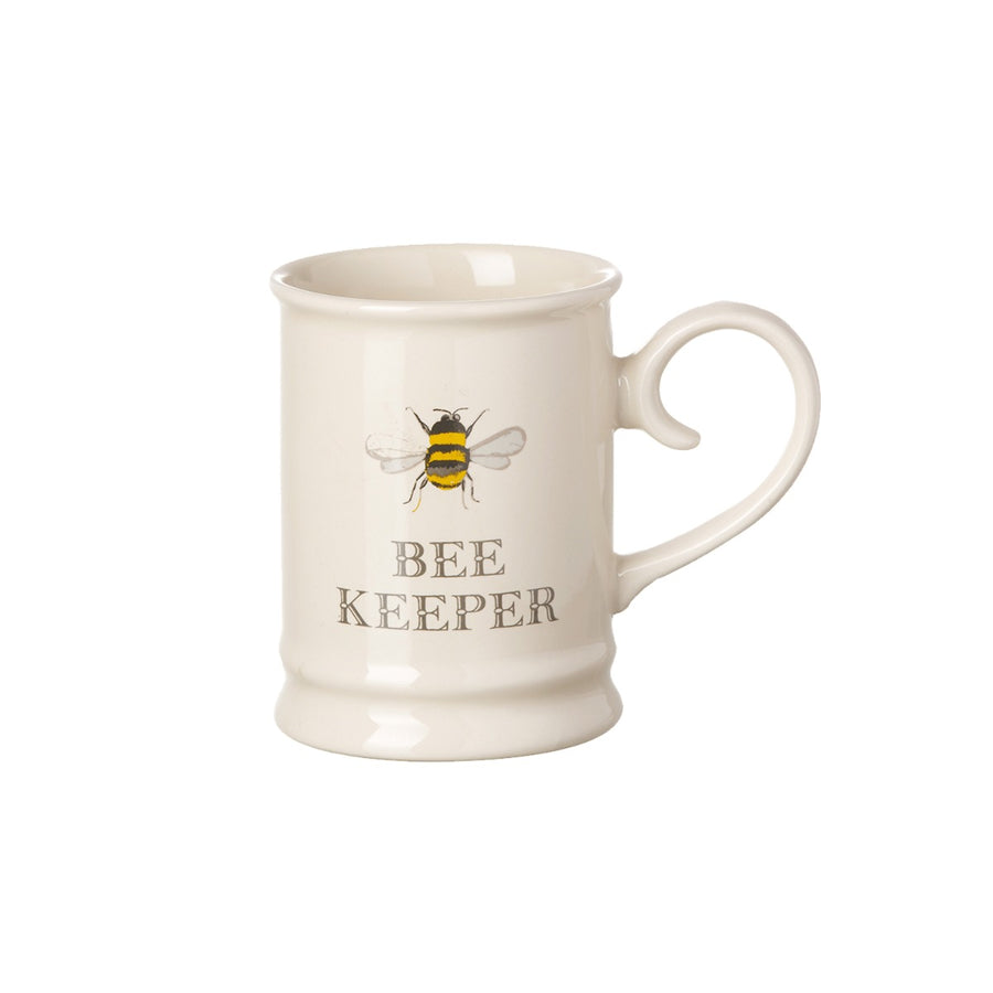 cream ceramic tankard style mug with bee decal and bee keeper text