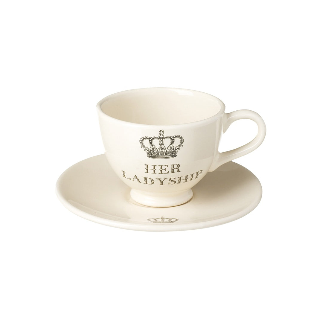 cream ceramic cup and saucer set with his lordship text and crown decoration