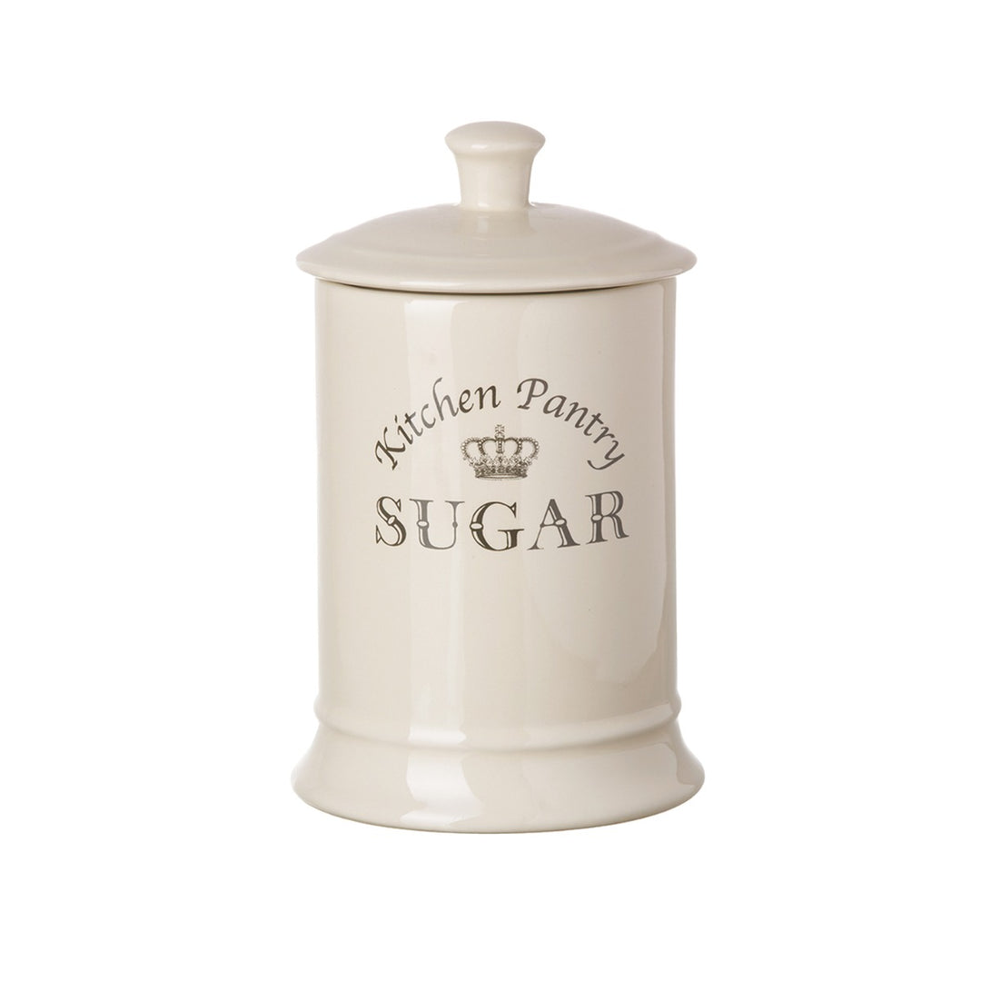 cream ceramic kitchen sugar storage jar with regal kitchen pantry sugar label and crown