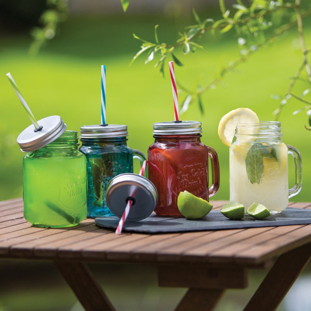KitchenCraft Coloured Glass Drinks Mason Jar with Straw - Red