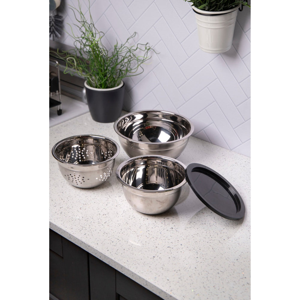  a colander and a lidded mixing bowl.