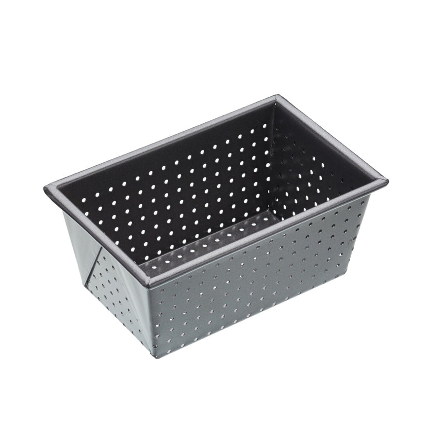 a carbon steel non stick small loaf tin with aerating holes