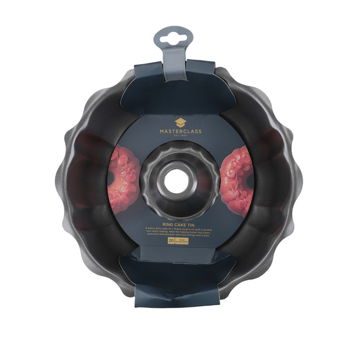 grey non-stick ring shaped cake tin in cardboard packaging